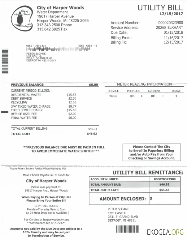 USA CITY OF HARPER WOODS utility bill Word and PDF template